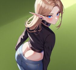 1girls ai_generated alborewimi ass ass_cleavage belt bent_over big_ass big_butt black_shirt blonde_hair blue_eyes blush butt_crack collar denim downpants earrings elf elf_ears embarrassed from_above from_behind jeans light-skinned_female long_sleeves looking_at_viewer looking_back looking_up nai_diffusion outdoors pants_pull pawg pockets pointy_ears solo stable_diffusion standing taut_shirt