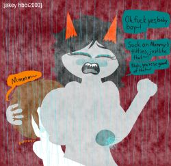 1boy 1girls alien areolae artist_self-insert artist_signature big_breasts blush breast_sucking breastfeeding breasts clenched_fist dialogue grey_skin hands_behind_head holding_head homestuck jacob_hornyboi_(jakey_hboi2000) jakey_hboi2000 lactation large_breasts larger_female milf milk mommy mommy_kink naked neophyte_redglare nude sharp_teeth shower showering smaller_male steam teal_makeup teal_nipples unusual_lactation water wet