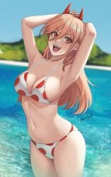 armpits arms_up beach bikini cawfield chainsaw_man female female_only laugh medium_breasts power_(chainsaw_man)