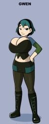 1girls alternate_breast_size big_breasts boots breasts enormous_breasts female female_only garabatoz goth gwen_(tdi) hand_on_hip hourglass_figure huge_breasts looking_at_viewer lowres multicolored_hair name_tag pantyhose simple_background simple_shading skirt solo total_drama_island