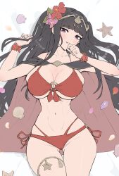 1girls alternate_costume ass_visible_through_thighs bikini black_cape black_hair blush bracelet breasts cape circlet cleavage female female_only fire_emblem fire_emblem_awakening fire_emblem_heroes flower flower_bracelet flower_in_hair gonzarez grin hair_flower hair_ornament hand_on_own_face highres jewelry large_breasts long_hair looking_at_viewer lying_on_back navel nintendo official_alternate_costume purple_eyes red_bikini red_flower red_swimsuit seashell shell smile solo starfish swimsuit tharja_(fire_emblem) tharja_(summer)_(fire_emblem) thick_thighs thighlet underboob white_background