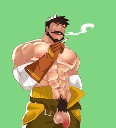 balls bara beard black_hair cigarette facial_hair genshin_impact gloves male male_only muscles muscular nhstonk open_fly pants penis penis_out shirtless solo solo_male sweatdrop wagner_(genshin_impact)