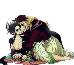 1boy 1girls black_hair blonde_hair blood blood_on_face blush breast_grab breasts_out butterfly_hair_ornament cleavage demon_boy demon_slayer douma enemies fangs female from_behind gakuran grabbing_from_behind groping hakama haori imminent_rape imminent_sex japanese_clothes katana kimetsu_no_yaiba kneeling kochou_shinobu looking_at_another looking_back lovelykingdudu male no_bra open_shirt pale-skinned_male pinned pinned_down sexual_assault sexual_objectification sharp_fingernails smile sweatdrop sword two_tone_hair uniform weapon