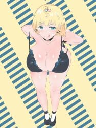 1girls :d ahoge arms_behind_back bare_shoulders bent_over big_breasts blonde_hair blue_eyes blush bra cleavage cum cum_on_face exposed_breasts hair_accessory hairclip huge_breasts legs millie_parfait nijisanji nijisanji_en noryoku_noyu raised_eyebrow short_hair solo solo_female solo_focus tongue tongue_out underwear underwear_only virtual_youtuber yellow_hair