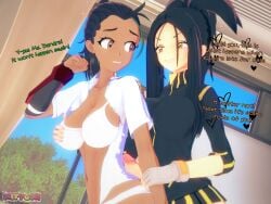 1futa 1girls 3d bra breast_grab breast_grab_from_behind clothed clothing dark-skinned_female dark_skin dendra_(pokemon) dialogue dubious_consent english_text erection female futa_on_female futadom futanari imminent_sex light-skinned_futanari light_skin mitygon mostly_clothed mostly_nude nemona_(pokemon) open_shirt penis pokemon pokemon_sv text