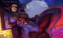 1girls absurdres bangs black_hair blunt_bangs bodysuit breasts capcom clothed curvy eye_patch eyeshadow feet female female_only fingerless_gloves gloves hair_horns highres huge_breasts human juri_han looking_at_viewer nail_polish pink_eyes purple_nails reclining sidelocks sitting_on_throne solo spread_legs street_fighter street_fighter_v thick_thighs throne toeless_legwear toes ujac watermark