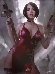 1girls ada_wong ada_wong_(caroline_ribeiro) asian asian_female belly_button_visible_through_clothing black_hair breasts capcom choker clothing dick_sucking_lips dress dual_wielding fbi female female_focus female_only firearm fully_clothed gun handgun highres holding human legwear lips looking_at_viewer looking_down_at_viewer makeup medium_hair neckwear open_mouth pale_skin realistic red_dress resident_evil resident_evil_2 resident_evil_4 resident_evil_6 rifle shikari short_hair solo standing submachine_gun thick_thighs thigh_strap thompson_submachine_gun weapon zombie