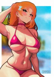 1girls big_breasts bikini bleach huge_breasts inoue_orihime light-skinned_female light_skin long_hair looking_at_viewer micro_bikini orange_hair smile smiling smiling_at_viewer tommoku voluptuous voluptuous_female