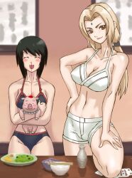 2girls :d black_hair blonde_hair blood breasts brown_eyes cleavage closed_eyes facial_mark female_only food forehead_mark long_hair looking_at_viewer midriff multiple_girls naruto naruto_(series) navel nosebleed open_mouth pig powudon shizune short_hair smile standing table teacher_and_student tonton tsunade underwear