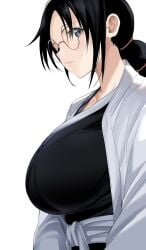 1girls black_hair bleach bleach:_the_thousand-year_blood_war braid breasts chicke_iii cleavage cropped_torso female female_only fully_clothed glasses grey_eyes haori highres japanese_clothes katori_batsu'unsai large_breasts lips long_hair looking_away round_eyewear solo taichou_haori