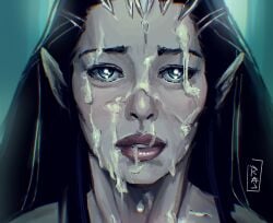 1girls after_sex arwen_undomiel blue_eyes bodily_fluids cum cum_on_body cum_on_face elf eyes face female female_elf female_only glistening_eyes hair humanoid light-skinned_female light_skin lips long_ears long_hair lord_of_the_rings open_eyes pale-skinned_female pale_skin parted_lips pointy_ears rajdraw signature solo teeth upper_body