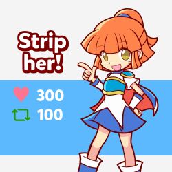 1girls accurate_art_style arle_nadja armwear bangs big_eyes blue_skirt boots cape chestplate english_text eyebrows_visible_through_hair female furii_(artist) light-skinned_female light_skin madou_monogatari medium_hair open_mouth orange_hair ponytail puyo_puyo puyo_puyo_artstyle puyo_puyo_fever shirt short_sleeves shoulder_pads skirt solo solo_female strip_game text white_shirt yellow_eyes