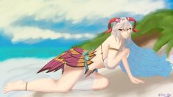 1girls all_fours alternate_costume ass bare_legs beach big_ass bikini blue_hair breasts colored_inner_hair female female_only fire_emblem fire_emblem_heroes freyja_(fire_emblem) freyja_(summer)_(fire_emblem) grey_hair hair_between_eyes horns kneeling large_breasts legs long_hair looking_back multicolored_hair nintendo ocean official_alternate_costume outdoors pelvic_curtain red_eyes see-through soleil_azure solo swimsuit white_bikini white_swimsuit