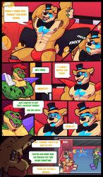 2022 abs alligator alligatorid animatronic anthro armpit_hair being_watched belt biceps body_hair bottomwear bow_tie brown_body brown_fur bulge burntrap churrosolixoso closed_eyes clothing comic crocodilian crossed_arms detailed_bulge dialogue digital_media_(artwork) duo ear_piercing ear_ring eyebrows eyewear five_nights_at_freddy's five_nights_at_freddy's:_security_breach five_nights_at_freddy's_3 fur glamrock_freddy glamrock_freddy_(fnaf) green_body green_fur green_scales hair hat headgear headwear hi_res inside lagomorph leporid looking_at_another machine male male_only mammal mohawk montgomery_gator montgomery_gator_(fnaf) muscular muscular_anthro muscular_male navel onomatopoeia open_mouth pants pecs piercing question_mark rabbit red_hair reptile ring_piercing robot scales scalie scottgames shoulder_pads sitting sound_effects speech_bubble springtrap springtrap_(fnaf) sunglasses talking_to_another talking_to_self tan_body tan_fur tan_scales teeth text the_mimic_(fnaf) top_hat ursid video_games