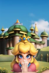 ai_generated blue_eyes castle_background crown cum cum_in_mouth earrings edited_screencap mario_(series) nai_diffusion nintendo partial_male princess_peach stable_diffusion sucking sucking_off sucking_penis super_mario_bros._(2023_film) third-party_edit