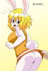 anthro ass blonde_hair breasts carrot_(one_piece) clothed clothing dress duo female female/ambiguous fur genitals hair hand_on_dress hi_res human lagomorph leporid male mammal one_piece peek pussy rabbit rickamv solo_focus spying surprised_expression tail teeth white_body white_fur