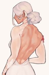 1girls 2d 2d_(artwork) back back_muscles back_view back_window bun cyanceebee female female_focus female_only muscular muscular_back muscular_female see-through_clothing shenhe_(genshin_impact) sideboob white_background white_dress white_hair