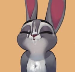 2022 after_sex anthro bodily_fluids bust_portrait closed_eyes cum cum_on_chest cum_on_face disney ears_up female fur genital_fluids grey_body grey_fur hi_res judy_hopps lagomorph leporid mammal portrait qupostuv35 rabbit simple_background smile solo yellow_background zootopia