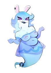 2022 anthro belly blue_hair breasts clothed clothing dress female full-length_portrait genitals ghost hair hi_res lagomorph looking_at_viewer mammal mario_(series) mario_+_rabbids mario_+_rabbids:_sparks_of_hope midnite_(mario_+_rabbids) narrowed_eyes naughty_face navel nintendo nipple_piercing nipples piercing portrait pussy rabbid raving_rabbids simple_background slightly_chubby solo spirit squint translucent translucent_clothing translucent_dress ubisoft video_games white_background white_body xu53r