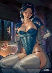 2022 2girls big_breasts black_hair blue_leotard breasts cloak disney disney_princess disney_villains hibren high_resolution latex_gloves looking_at_viewer multiple_girls princess queen royalty seductive_look short_hair snow_white_(disney) snow_white_and_the_seven_dwarfs stepmother_and_stepdaughter the_evil_queen thighhighs