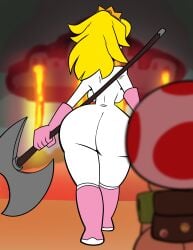 1boy 1girls 2022 ass backboob backpack backside battle_axe big_ass big_breasts blonde_hair bodysuit bottom_heavy breasts faceless_female faceless_male female holding_axe holding_weapon huge_breasts illumination_entertainment lava male mario_(series) monamania nintendo ponytail princess princess_peach royalty skintight_bodysuit super_mario_bros._(2023_film) thick_thighs thin_waist toad_(mario) wide_hips