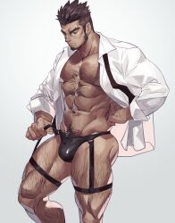 1boy abs angry_face bara big_legs big_muscles black_thong garter_straps gay hairy hairy_legs hairy_male looking_at_viewer mature_male muscle muscles muscular muscular_male selkiro shirt striptease thick_thighs thong yaoi