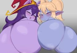 2girls ass ass_focus big_ass blonde_hair blue_body blue_skin blush cat_ears cham22 closed_eyes edit edited edited_image elf_ears envy female female_only hat highres hips huge_ass large_ass league_of_legends long_hair looking_at_viewer lulu_the_fae_sorceress massive_breasts multiple_girls numbleg open_mouth peace_sign poppy purple_body purple_hair purple_skin red_eyehugs shortstack smaller_female smile smiling smiling_at_viewer sweat sweatdrop third-party_edit twintails yordle