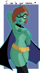 1girls 2d alien alien_girl alien_look_like_human alien_only areolae belt blue_eyes breasts brown_hair bunbunmuffinart casual clothing dc dc_comics dcau dcuaom english_text female female_focus female_only female_solo freckles freckles_on_face green-skinned_female green_nipples green_skin highres humanoid justice_league_vs._the_fatal_five legwear looking_at_viewer martian medium_breasts megan_morse miss_martian miss_martian_(dcau) nipples outerwear pale_skin short_hair solo solo_female superheroine tagme text thighs