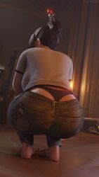 1girls 3d asian asian_female ass ass_focus ass_shot brown_eyes brown_hair female female_only jeans mei_(overwatch) overwatch overwatch_2 panties pants_down presenting_hindquarters riversizd shirt solo squatting thong whale_tail