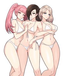 3girls alternate_costume ass_visible_through_thighs asymmetrical_docking bangs bare_legs bare_shoulders between_breasts bikini blonde_hair blue_eyes braid breasts brown_eyes brown_fur brown_hair cleavage collarbone commission female female_only fire_emblem fire_emblem:_three_houses fire_emblem_fates hair_over_one_eye highres hilda_valentine_goneril in-franchise_crossover kagero_(fire_emblem) large_breasts legs long_hair looking_at_viewer mercedes_von_martritz multiple_girls navel nintendo nirainini pink_eyes pink_hair ponytail shoulders side-tie_bikini_bottom side_ponytail sideboob smile swimsuit twintails underboob white_bikini white_swimsuit