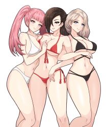 3girls alternate_costume ass_visible_through_thighs asymmetrical_docking bangs bare_legs bare_shoulders between_breasts bikini black_bikini black_swimsuit blonde_hair blue_eyes braid breasts brown_eyes brown_fur brown_hair cleavage collarbone commission female female_only fire_emblem fire_emblem:_three_houses fire_emblem_fates hair_over_one_eye highres hilda_valentine_goneril in-franchise_crossover kagero_(fire_emblem) large_breasts legs long_hair looking_at_viewer mercedes_von_martritz multiple_girls navel nintendo nirainini pink_eyes pink_hair ponytail red_bikini red_swimsuit shoulders side-tie_bikini_bottom side_ponytail sideboob smile swimsuit twintails underboob white_bikini white_swimsuit