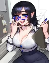 1girls adjusting_glasses artist_logo artist_name artist_signature bangs beauty_mark big_breasts black_hair blouse blue_eyes blue_nails blush blushypixy blushyspicy bra breasts choker cleavage clothed clothing computer computer_chair computer_monitor computer_screen detailed detailed_background devious_grin devious_smile digital_media_(artwork) ear_piercing earrings eyebrows eyebrows_visible_through_hair eyelashes eyelashes_visible_through_hair eyeliner eyes_open fangs female female_focus female_only formal formal_attire formal_clothes formal_wear glasses hair half_vampire hi_res holding_clipboard holding_object holding_pen implied_dialogue interaction large_breasts legs_out_of_frame lingerie lipstick long_hair long_sleeves looking_at_viewer makeup mammal medium_hair mole nail_polish not_furry not_furry_focus not_nsfw oc open_eyes open_mouth original original_character partially_nude pen pointy_ears secretary see-through sfw shirt sitting skirt slight_blush smile smiling_at_viewer solo solo_focus suggestive suggestive_look talking talking_to_viewer tight_clothing tight_fit toothy_smile upper_body vampire vampy_(blushypixy) viewed_from_above vivian_(blushyspicy) watermark wide_hips workplace you