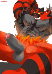 abs anthro armpit_hair balls big_muscles big_penis black_body black_fur bodily_fluids body_hair erection felid fire fur galloroster generation_7_pokemon genital_fluids genitals green_eyes grin hi_res humanoid_genitalia humanoid_penis incineroar lineless male male_only mammal muscular muscular_anthro muscular_male muscular_thighs nintendo nipples obliques penis pokémon_(species) pokemon pokemon_(species) precum red_body red_fur smile solo teeth thick_penis thick_thighs video_games yellow_sclera