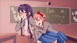 2girls animated barrette bigdarkpp blush blushing_at_viewer bow breast_fondling chalkboard classroom doki_doki_literature_club female female_only fondling fondling_breast gif hair_ribbon happy moaning multiple_girls purple_barrettes purple_eyes purple_hair sayori_(doki_doki_literature_club) school_uniform schoolgirl smile smiling strawberry_blonde_hair yuri yuri_(doki_doki_literature_club)