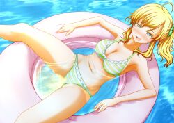 bikini blonde_hair floatie green_panties light_blush panties peeing peeing_into_water peeing_self pool pool_ring pool_toy pullpull15 ring_floatie striped_panties swimming_pool swimsuit swimwear urinating urinating_female urination urine water