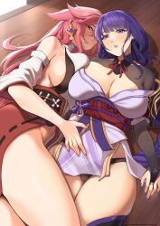 2girls breasts female fox_ears fox_girl genshin_impact hips kitsune large_breasts laying_on_floor light-skinned_female light_skin long_hair lying_on_back maskwolf pink_hair purple_eyes purple_hair raiden_shogun slim_waist thick_thighs thighs wide_hips yae_miko yuri