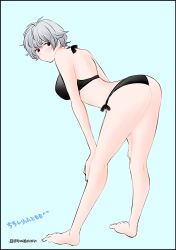 alternate_costume barefoot bent_over bikini black_bikini black_swimsuit blue_background blush bubble_butt canon_genderswap female female_only full_body genderswap_(mtf) ginko_sakata gintama gintoki_sakata grey_hair looking_back nasdon1202 red_eyes rule_63 short_hair side-tie_bikini sideboob solo standing swimsuit very_short_hair