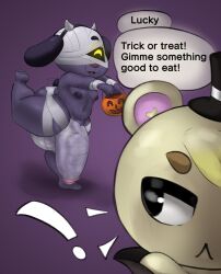 2boys animal_crossing big_penis costume dialogue femboy furry halloween halloween_costume lucky_(animal_crossing) marshal_(animal_crossing) mijora namizuna nintendo penis_under_clothes trick_or_treat