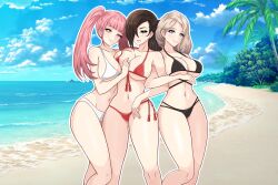 3girls alternate_costume ass_visible_through_thighs asymmetrical_docking bangs bare_legs bare_shoulders beach between_breasts bikini black_bikini black_swimsuit blonde_hair blue_eyes blue_sky braid breasts brown_eyes brown_fur brown_hair cleavage cloud collarbone commission female female_only fire_emblem fire_emblem:_three_houses fire_emblem_fates hair_over_one_eye highres hilda_valentine_goneril in-franchise_crossover kagero_(fire_emblem) large_breasts legs long_hair looking_at_viewer mercedes_von_martritz multiple_girls navel nintendo nirainini ocean outdoors palm_tree pink_eyes pink_hair ponytail red_bikini red_swimsuit shore shoulders side-tie_bikini_bottom side_ponytail sideboob sky smile swimsuit twintails underboob water white_bikini white_swimsuit yuri