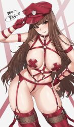 1girls bondage_gear bondage_outfit brown_hair character_request fate/extra female garter_straps hat kuronerinka light-skinned_female light_skin lingerie long_hair looking_at_viewer naughty_face nipple_pasties pasties red_pasties x_pasties