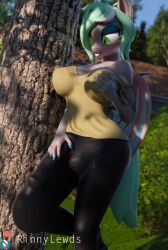 3d_(artwork) anthro bat_pony bat_wings blush bottomwear breasts bulge clothing digital_media_(artwork) equid erection green_eyes hand_on_breast hand_on_bulge hasbro hi_res intersex mammal membrane_(anatomy) membranous_wings my_little_pony pants plant pupils rinny shadow slit_pupils solo tree wings