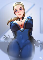 1girls big_breasts blonde_hair bodysuit breasts busty cleavage curvy fantastic_four female female_only huge_breasts human human_only invisible invisible_woman large_breasts light-skinned_female light_skin long_hair low-angle_view marvel mature mature_female perfect_body ponytail pretty sue_storm superheroine tight_clothing top_heavy tora_tora voluptuous voluptuous_female