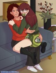 2girls abdl age_play amy_barksdale aunt_and_niece blush boots daria daria_morgendorffer diaper embarrassed female female_only glasses hand_on_diaper kiss_mark looking_away multiple_girls no_pants pacifier shadowpelt sitting_on_lap yuri