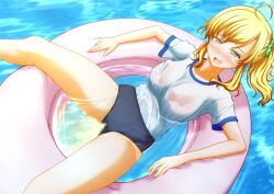 blonde_hair bloomers buruma female floatie light_blush peeing peeing_into_water peeing_self pool pool_ring pool_toy pullpull15 ring_floatie school_swimsuit swimming_pool swimsuit swimwear urinating urinating_female urination urine water wet_shirt white_shirt