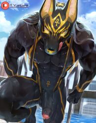 anthro anubian_jackal anubis balls black_body black_fur canid canine canis deity egyptian_mythology fur genitals hi_res humanoid_genitalia humanoid_penis jackal looking_at_viewer male male_only mammal middle_eastern_mythology muscular muscular_anthro muscular_male mythology nude penis solo striped_body striped_fur stripes swimming_pool t.y.stars tongue wet wet_body wet_fur yellow_body yellow_eyes yellow_fur