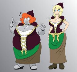 2girls automaton big_belly big_breasts female female_only overweight overweight_female robot thin_waist waitress