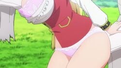 1girls 2animals animated ass_sniffing blonde_hair blue_eyes blush bra breasts clothed enome female futoku_no_guild huge_breasts long_hair no_sound one_eye_closed open_shirt panties screencap tnk_(company) video