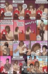 2022 anus black_hair brown_hair clothed clothing comic dan_(fuf) dialogue english_text female feral fuf fur genitals group hair hi_res human kyra_(fuf) male male/female mammal page_212 pussy rear_view red_hair text