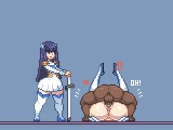 1boy 1girls animated ass backsack bakuzan boots countmoxi dark-skinned_male gamagoori_ira heart heel_boots high_heel_boots high_heels junketsu kill_la_kill kiryuuin_satsuki legs_up light-skinned_female mating_press pixel_art pussy sprite sword text thigh_boots wide_hips wip