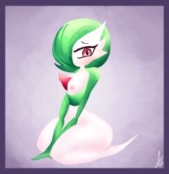 1girls female female_only gardevoir green_hair nintendo nipples not_furry nude over_one_eye pokémon_(species) pokemon pokemon_(species) red_eyes shy simple simple_background simple_face sitting solo video_games